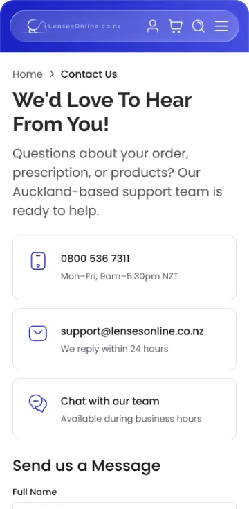 Contact page, mobile