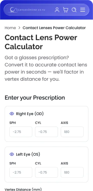 Power calculator page, mobile