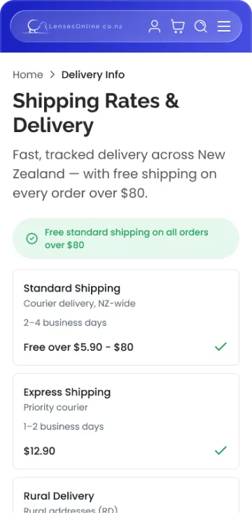 Shipping rates page, mobile