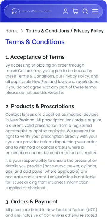 Terms and privacy page, mobile