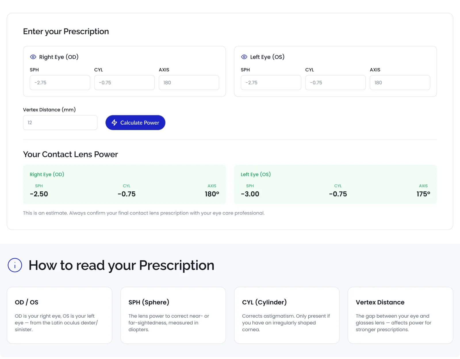 Contact lens power calculator with prescription guide
