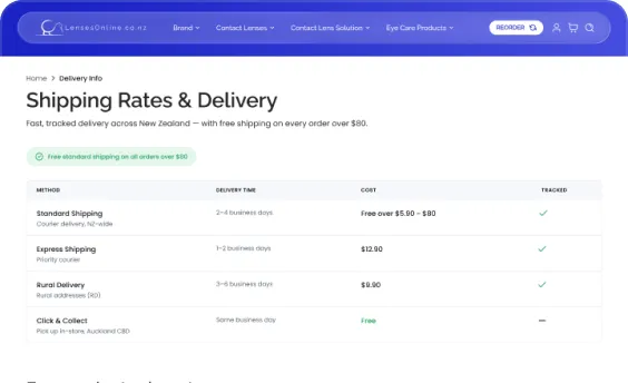 Shipping rates page, desktop