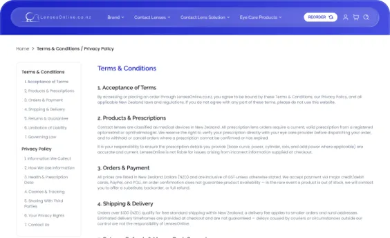 Terms and privacy page, desktop