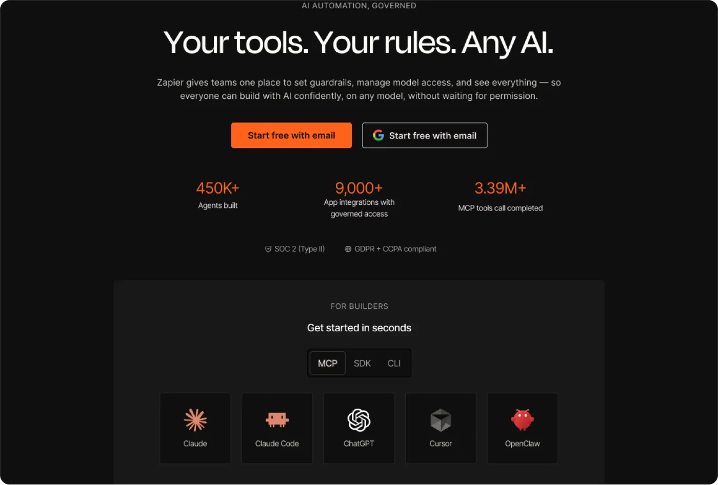 Dark mode version of the Zapier landing page hero